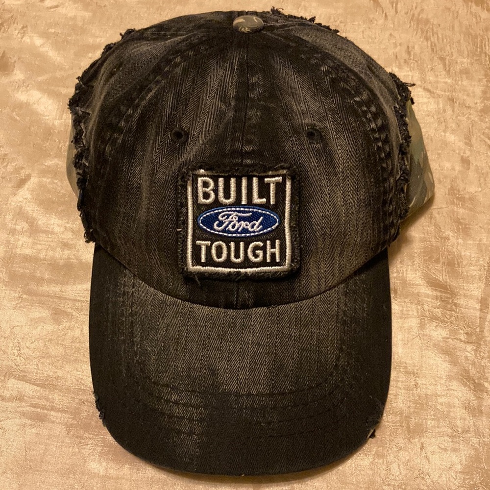 Ford Built Tough Distressed Black Baseball Cap with Blue Logo
